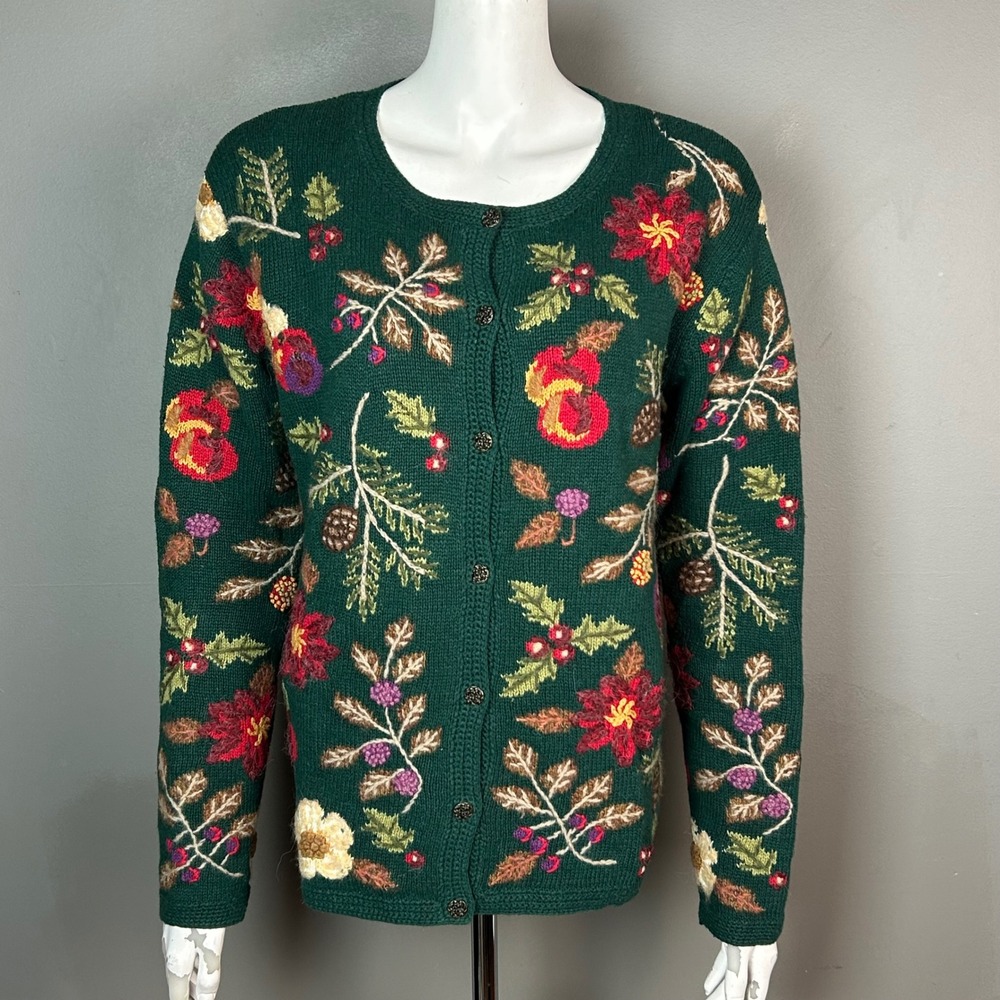 Northern Isles Floral Fall Cardigan Women's Large Green Floral Apples Country